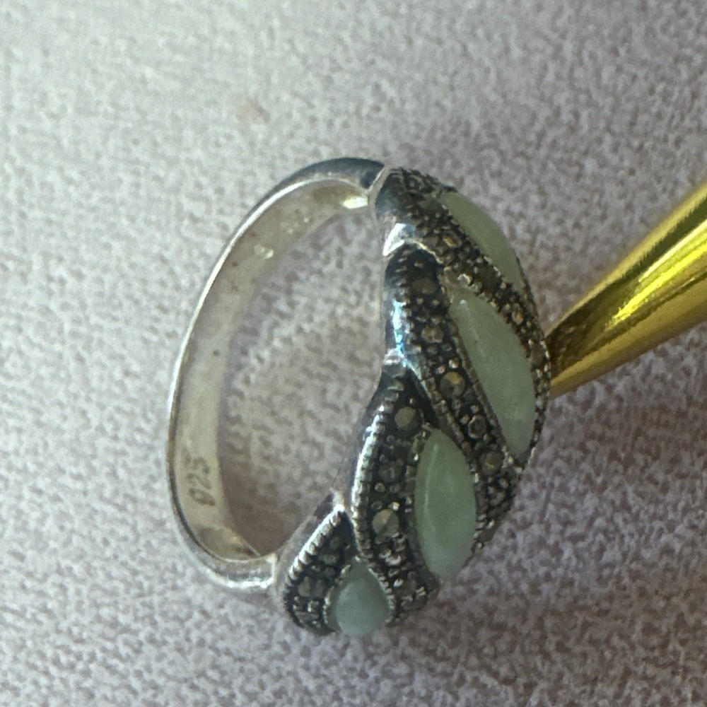 Vtg Signed NV Art Deco Ring Oxidized Sterling Silver 925 Aventurine Marcasite 8 - Picture 7 of 8